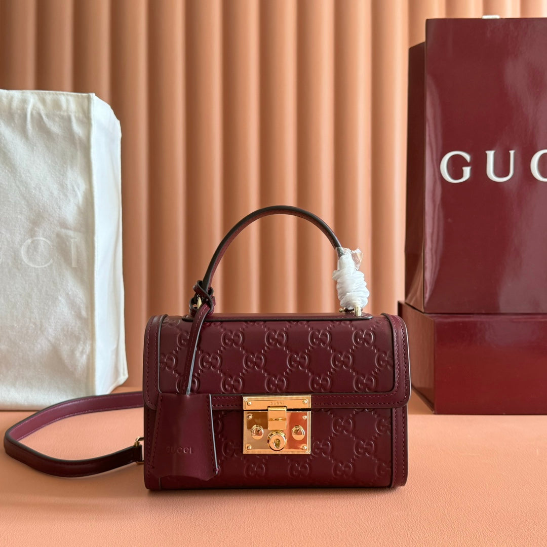 GG Padlock Handbag 20cm Burgundy GG Pattern Leather