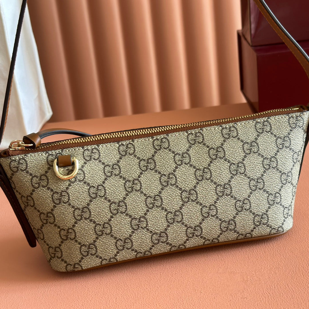 GG Emblem Small Shoulder Bag Beige Dark Brown Canvas