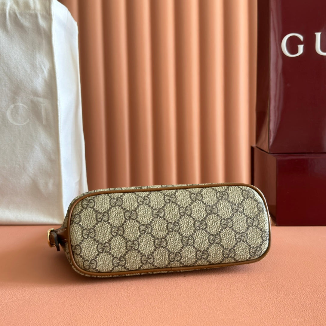 GG Emblem Small Shoulder Bag Beige Dark Brown Canvas