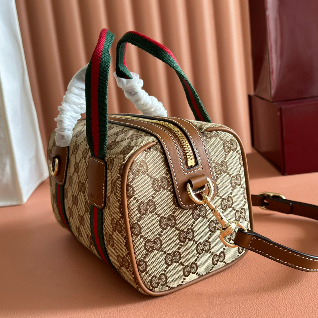 Gucci Boston Bag 20 Brown Beige Denim Leather 285246