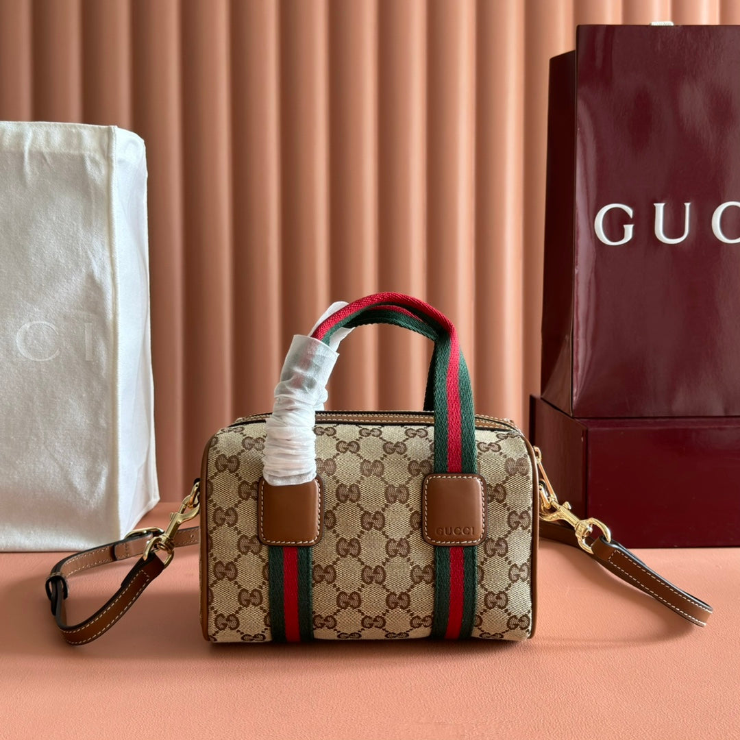Gucci Boston Bag 20 Brown Beige Denim Leather 285246