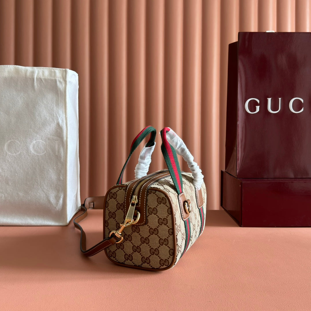 Gucci Boston Bag 20 Brown Beige Denim Leather 285246