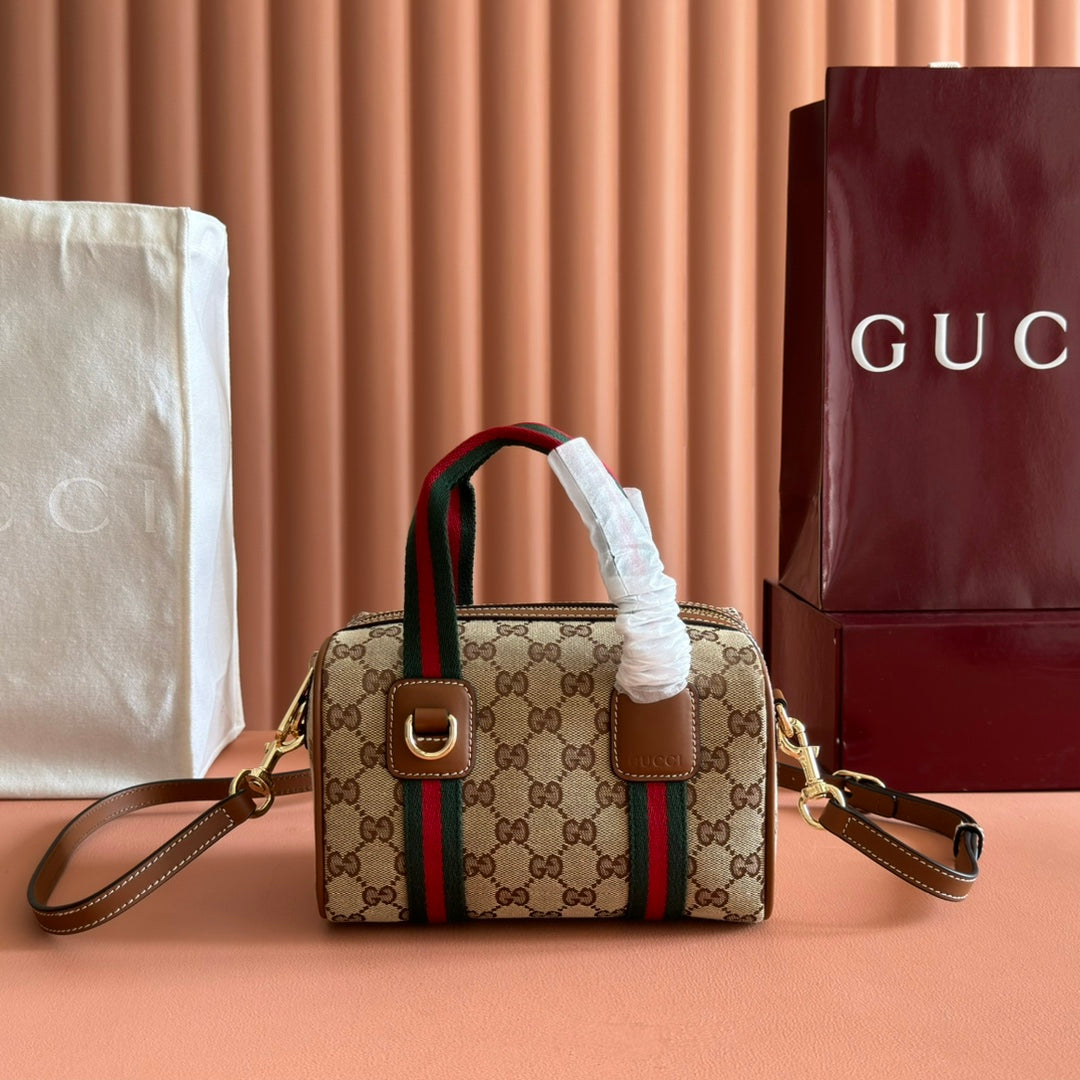 Gucci Boston Bag 20 Brown Beige Denim Leather 285246