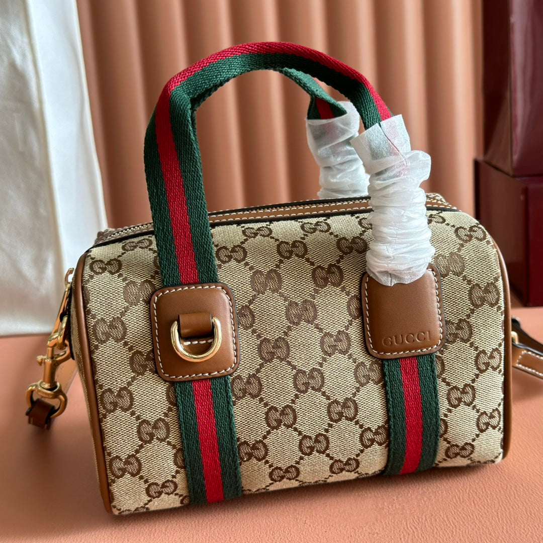 Gucci Boston Bag 20 Brown Beige Denim Leather 285246