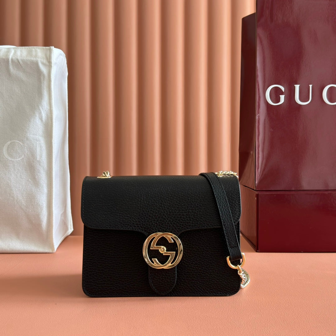 GG Interlocking Leather Chain Crossbody Black Grain Leather