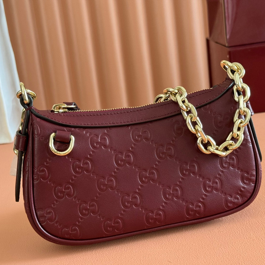 GG Emblem Mini Shoulder Bag Burgundy Embossed Cowhide