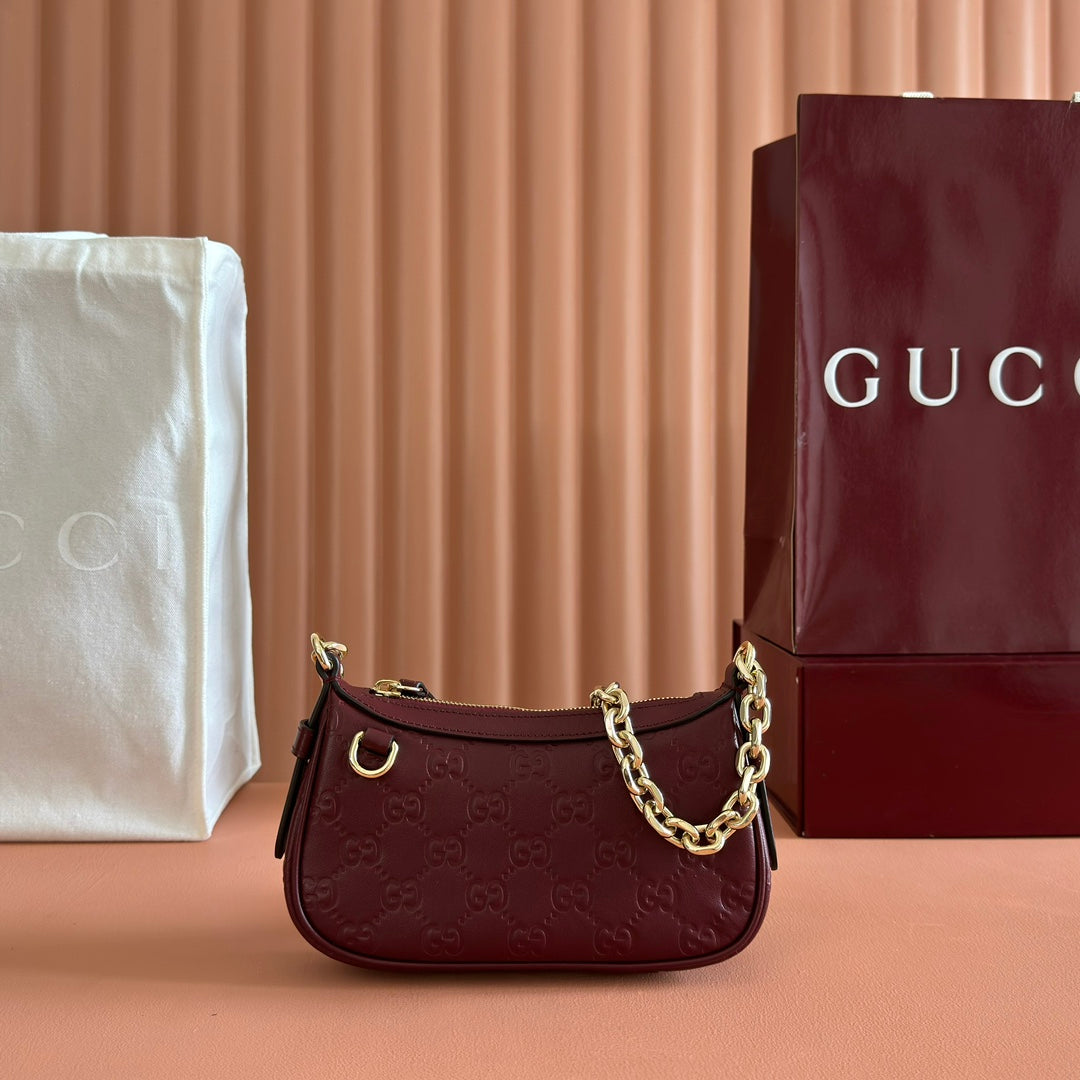 GG Emblem Mini Shoulder Bag Burgundy Embossed Cowhide