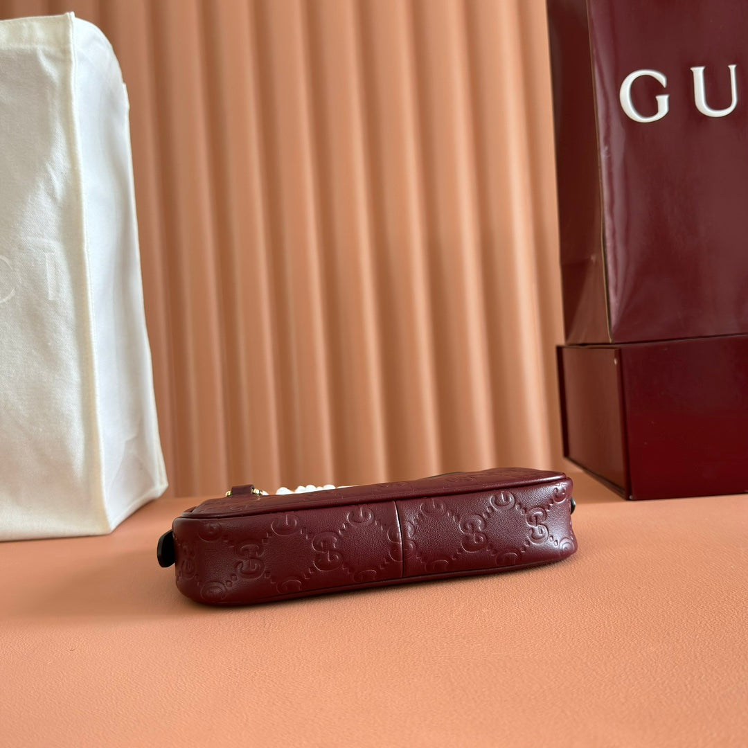 GG Emblem Mini Shoulder Bag Burgundy Embossed Cowhide
