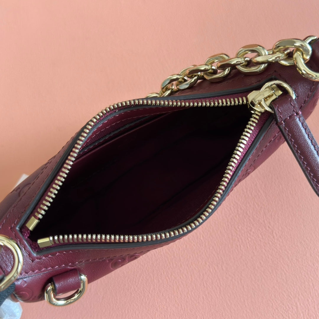 GG Emblem Mini Shoulder Bag Burgundy Embossed Cowhide