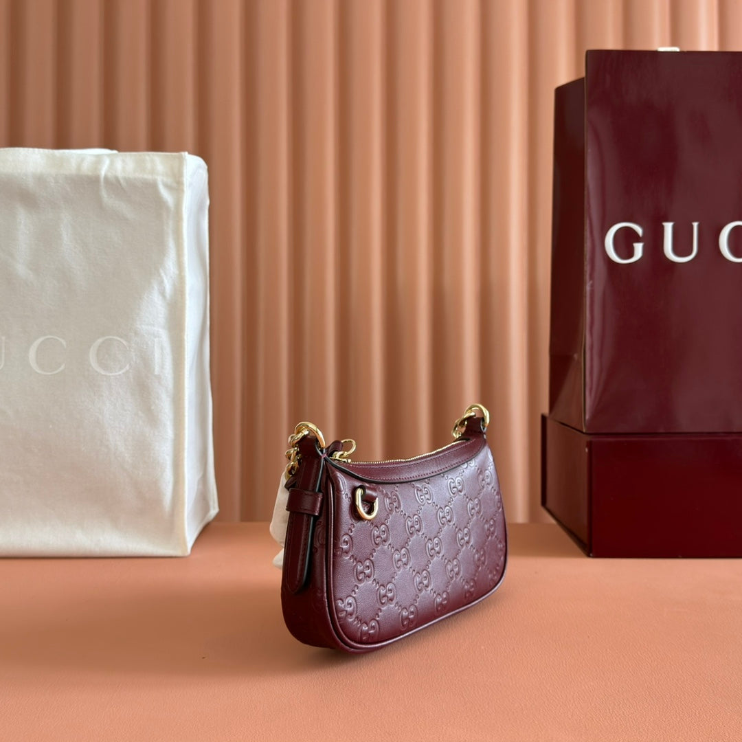 GG Emblem Mini Shoulder Bag Burgundy Embossed Cowhide