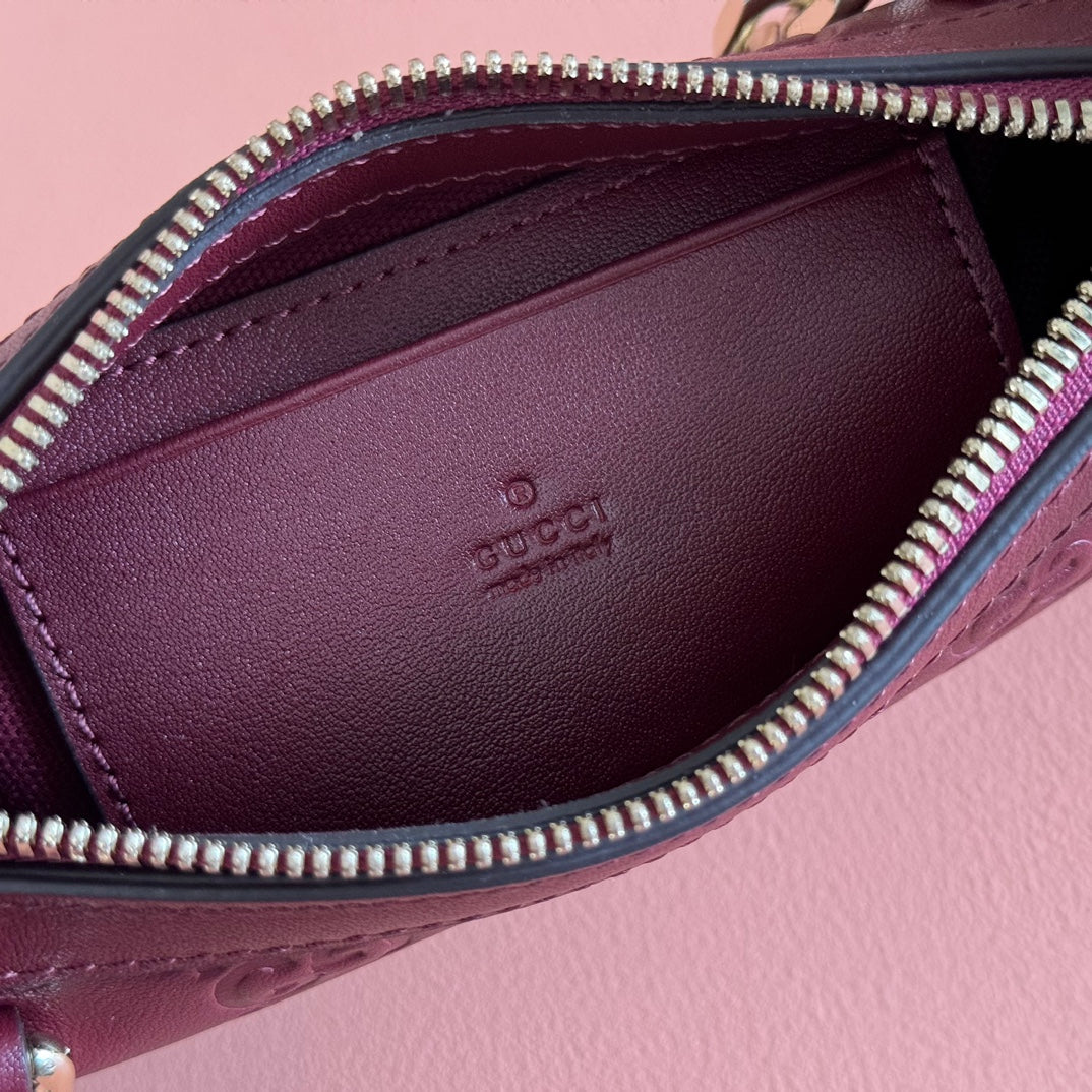 GG Emblem Mini Shoulder Bag Burgundy Embossed Cowhide