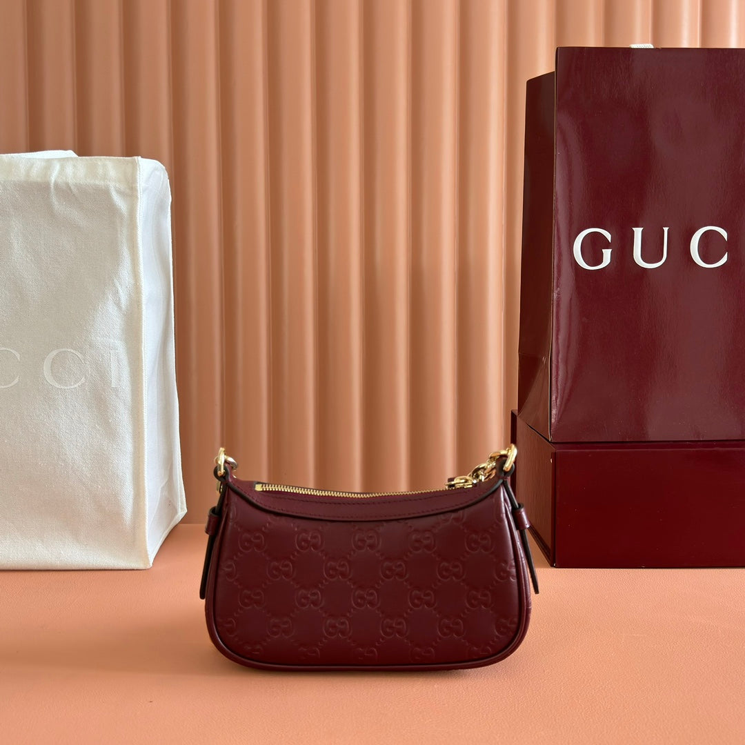 GG Emblem Mini Shoulder Bag Burgundy Embossed Cowhide