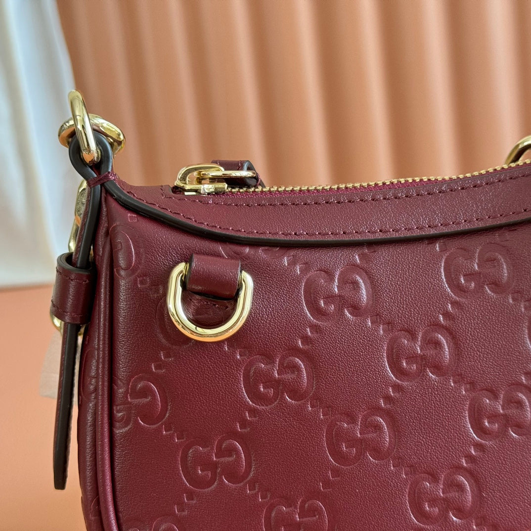 GG Emblem Mini Shoulder Bag Burgundy Embossed Cowhide