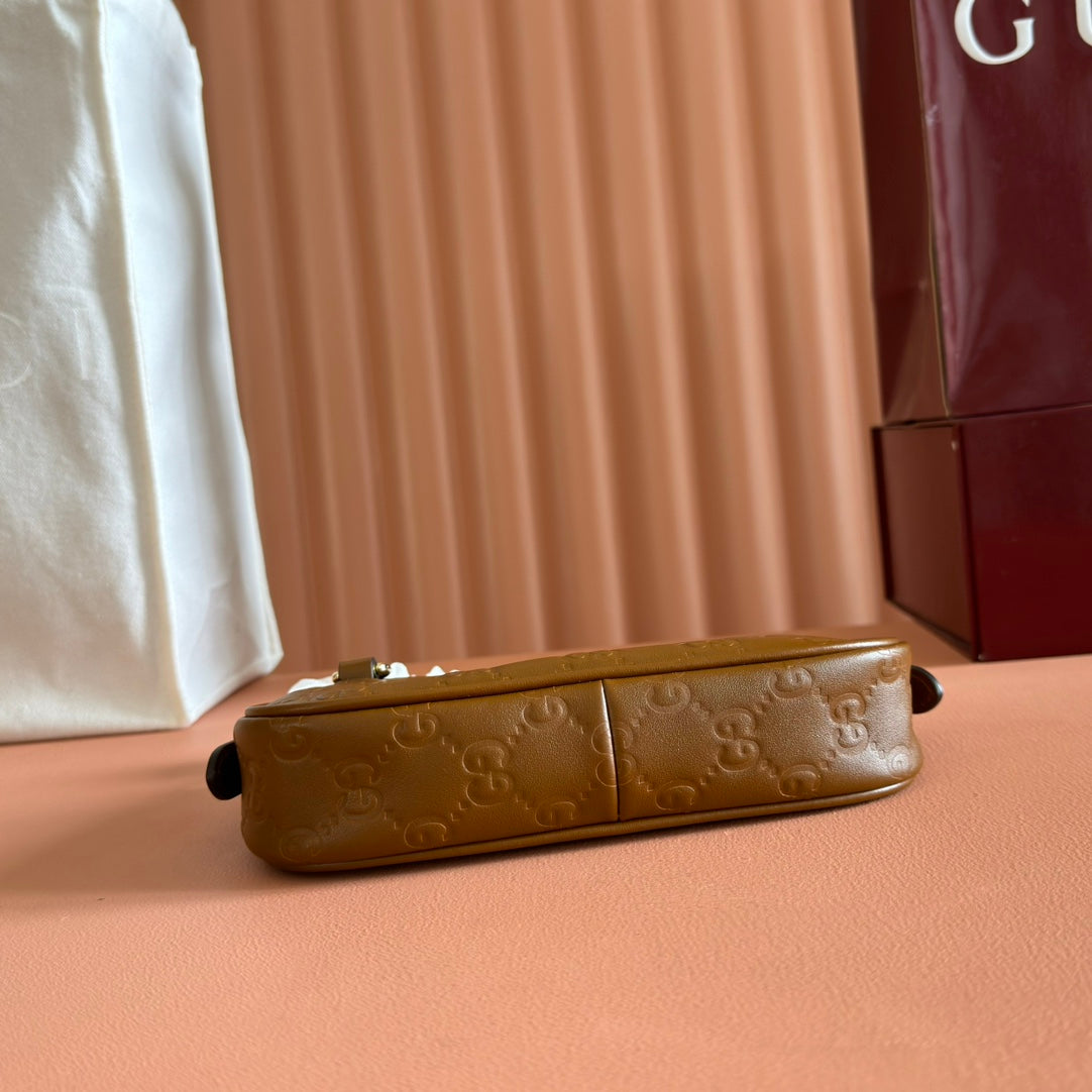 GG Emblem Mini Shoulder Bag Brown Embossed Cowhide