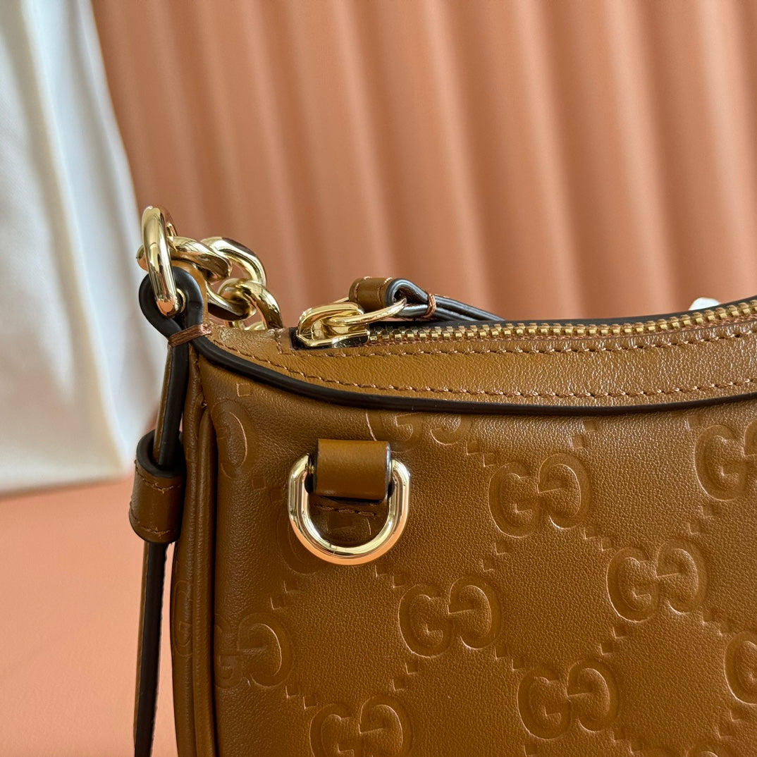GG Emblem Mini Shoulder Bag Brown Embossed Cowhide