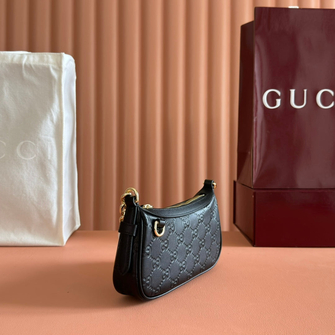 GG Emblem Mini Shoulder Bag Black Embossed Cowhide