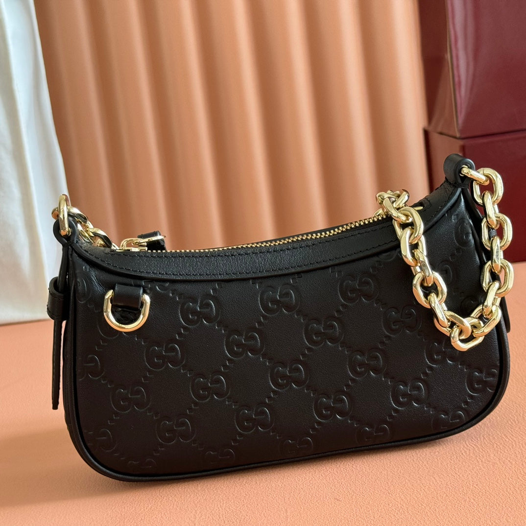 GG Emblem Mini Shoulder Bag Black Embossed Cowhide