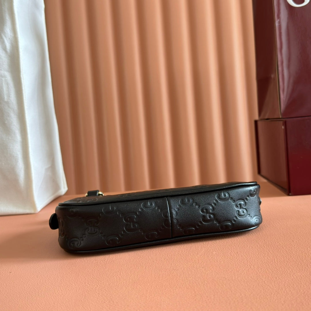 GG Emblem Mini Shoulder Bag Black Embossed Cowhide