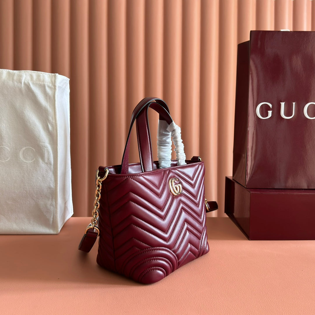 Gucci GG Marmont Small Tote Bag Burgundy Quilted Leather