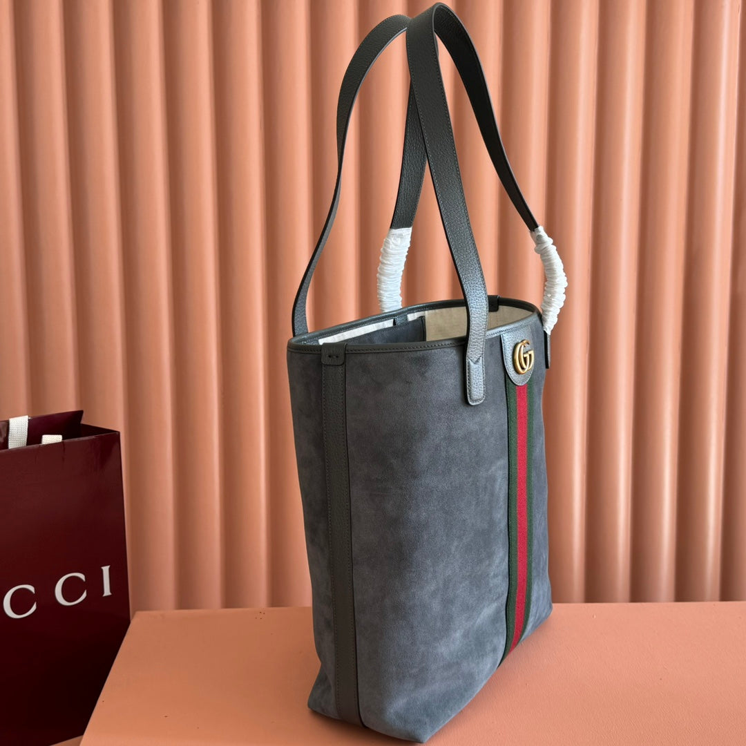 GG FW25 Ophidia Large Tote Bag 30 Slate Gray Suede Cowhide