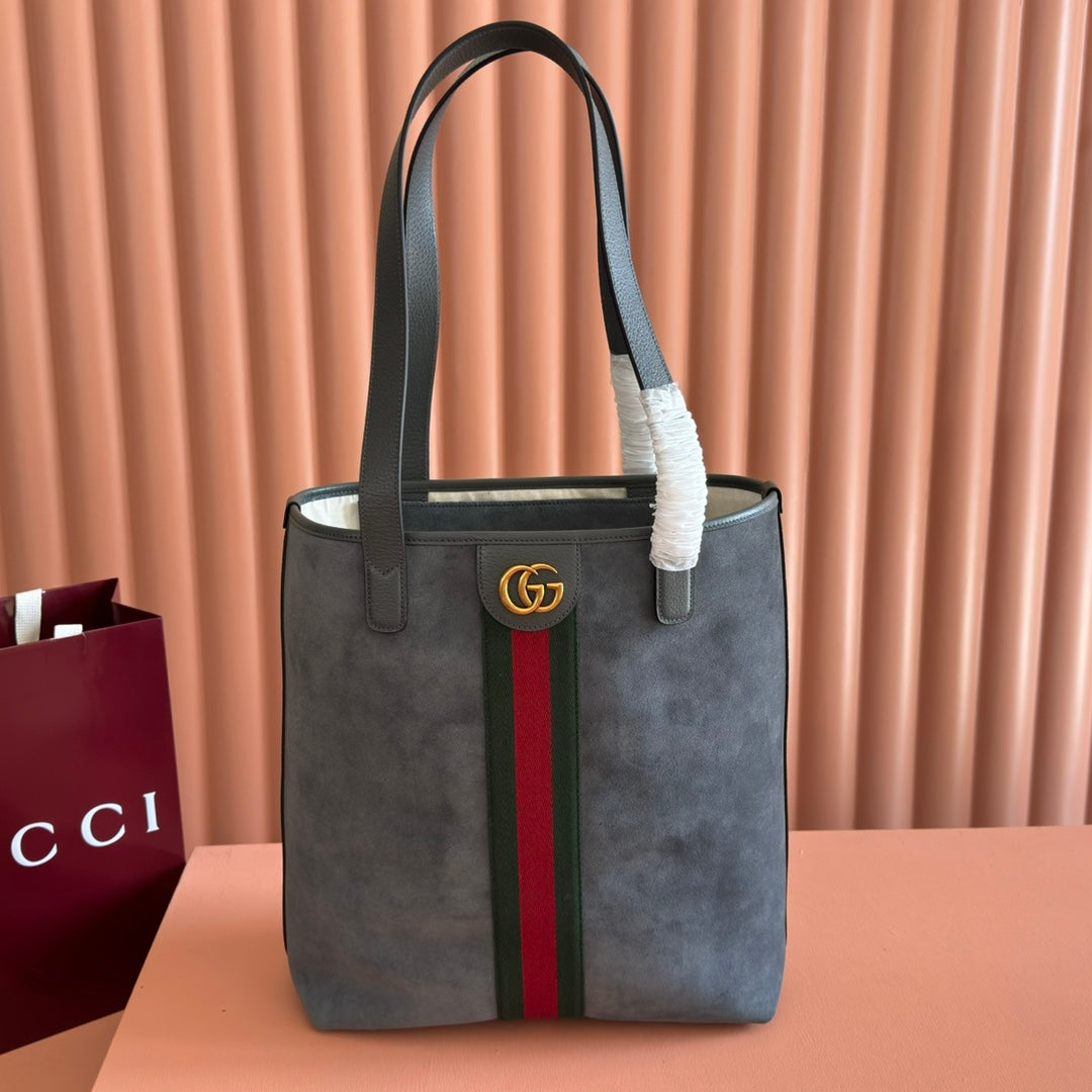GG FW25 Ophidia Large Tote Bag 30 Slate Gray Suede Cowhide