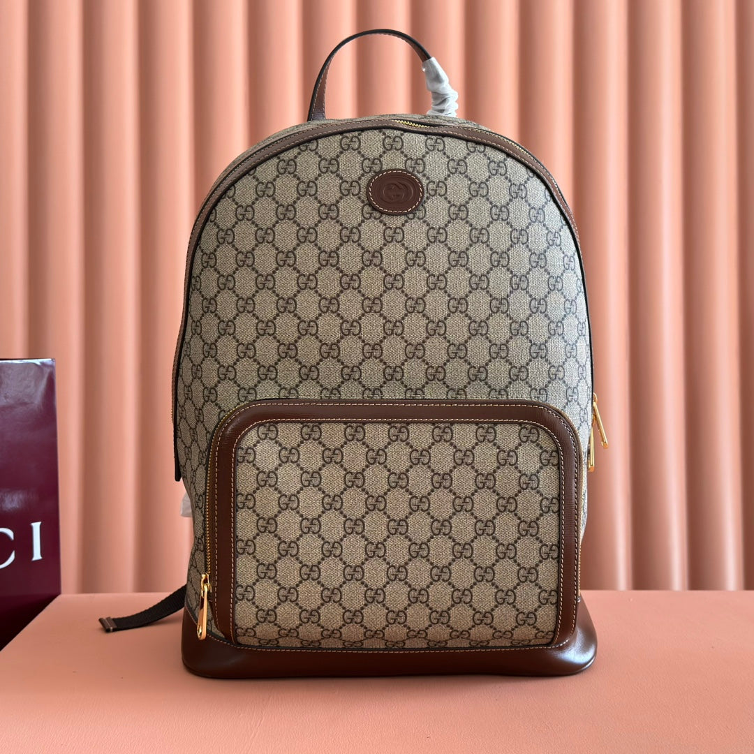 Gucci Interlocking G Backpack in Brown Beige GG Supreme Canvas Leather 273684