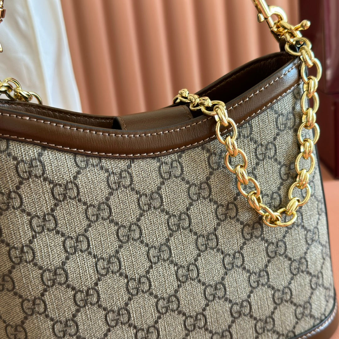 Gucci Large Interlocking G Shoulder Bag 25cm Chocolate Beige GG Supreme Canvas Leather 273677