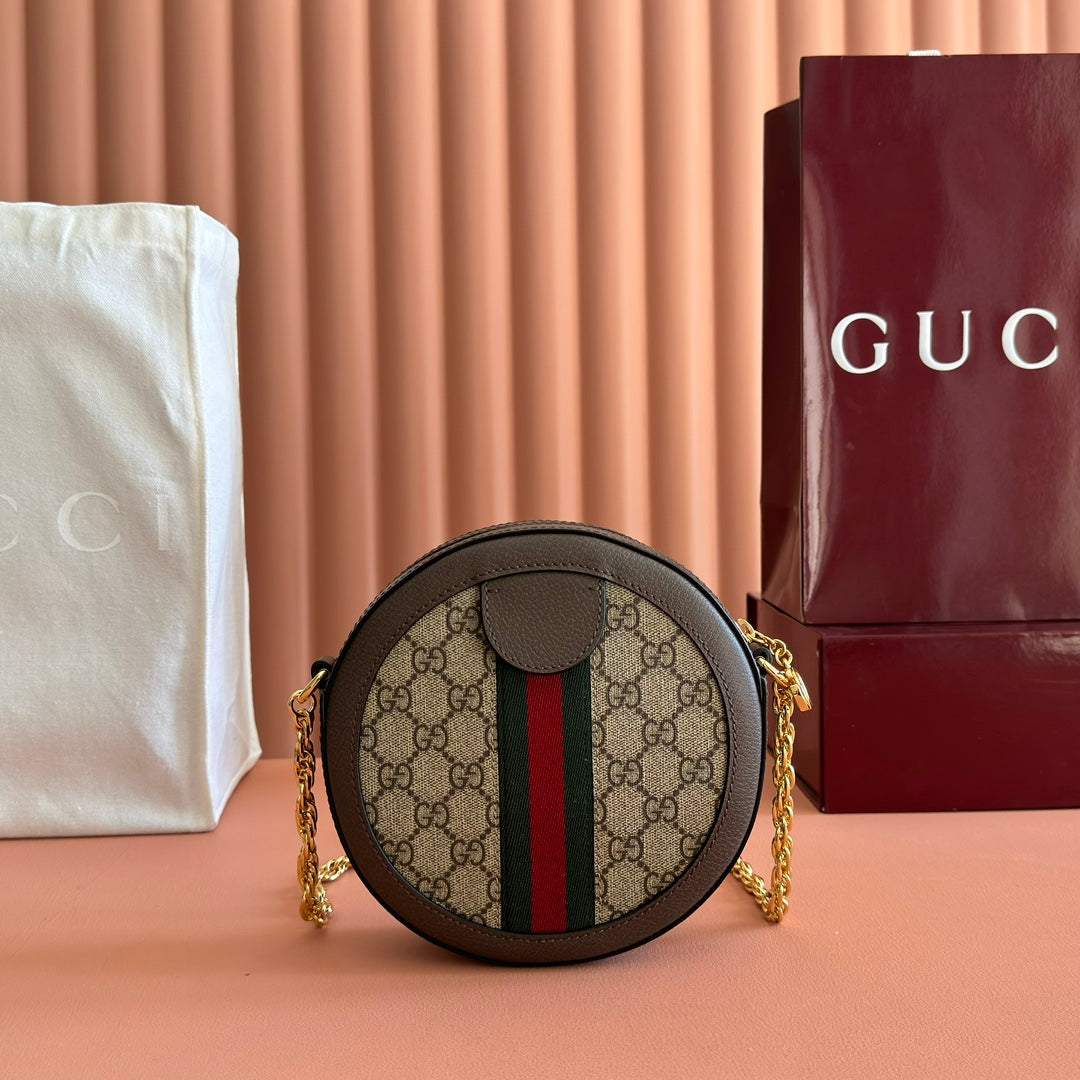 Gucci Ophida GG Round Bag Taupe Beige Canvas Grain Leather