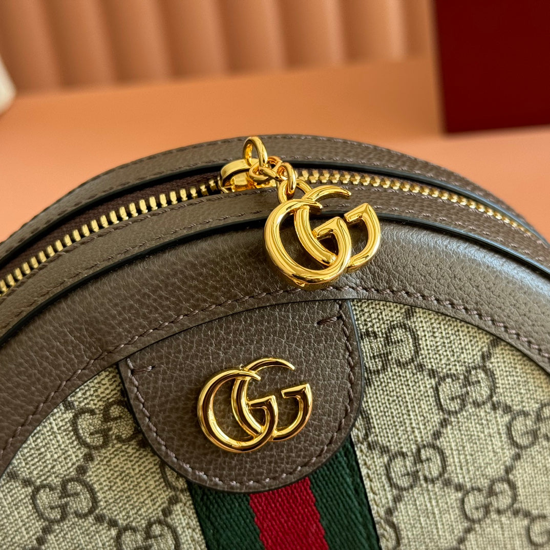Gucci Ophida GG Round Bag Taupe Beige Canvas Grain Leather