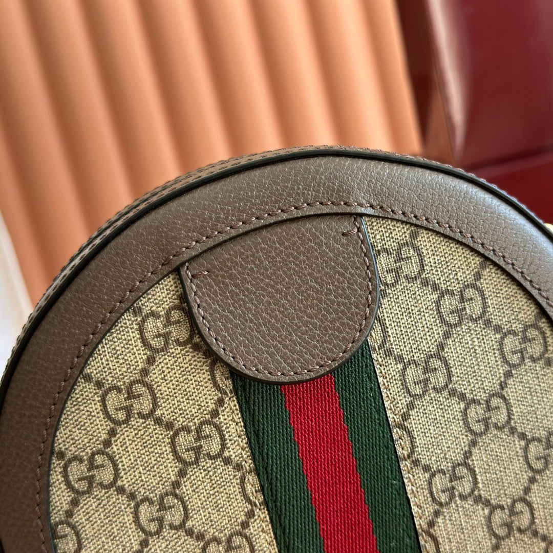 Gucci Ophida GG Round Bag Taupe Beige Canvas Grain Leather