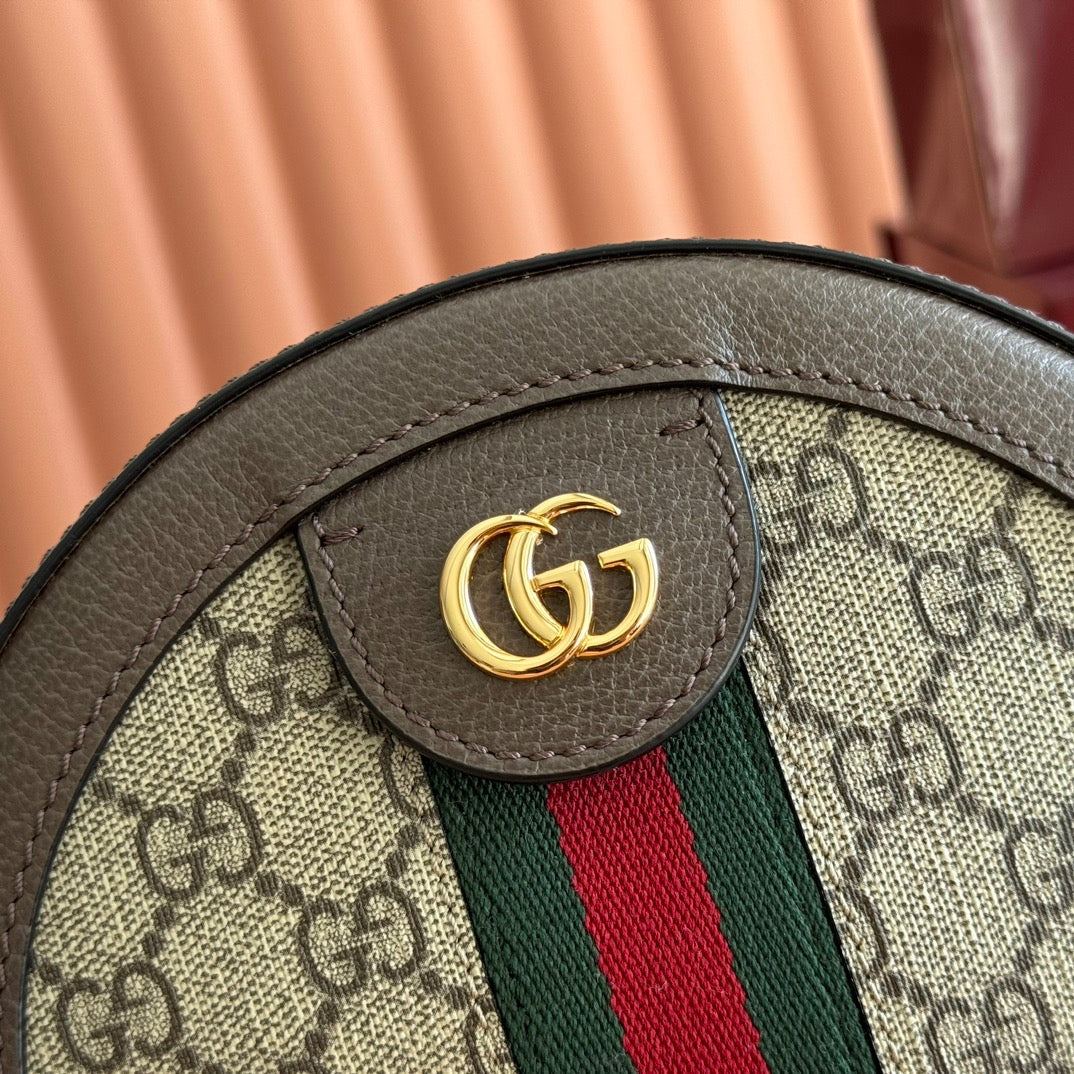 Gucci Ophida GG Round Bag Taupe Beige Canvas Grain Leather