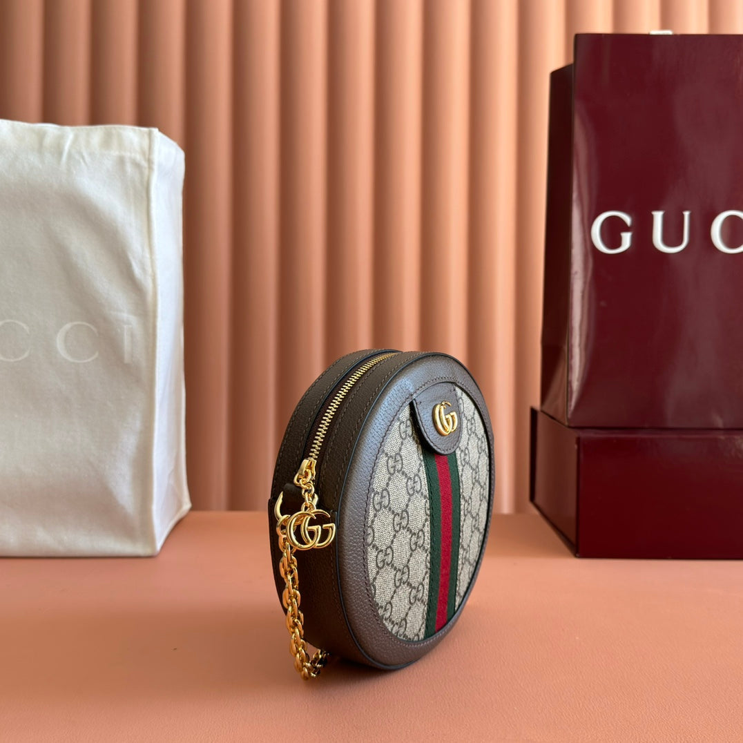 Gucci Ophida GG Round Bag Taupe Beige Canvas Grain Leather