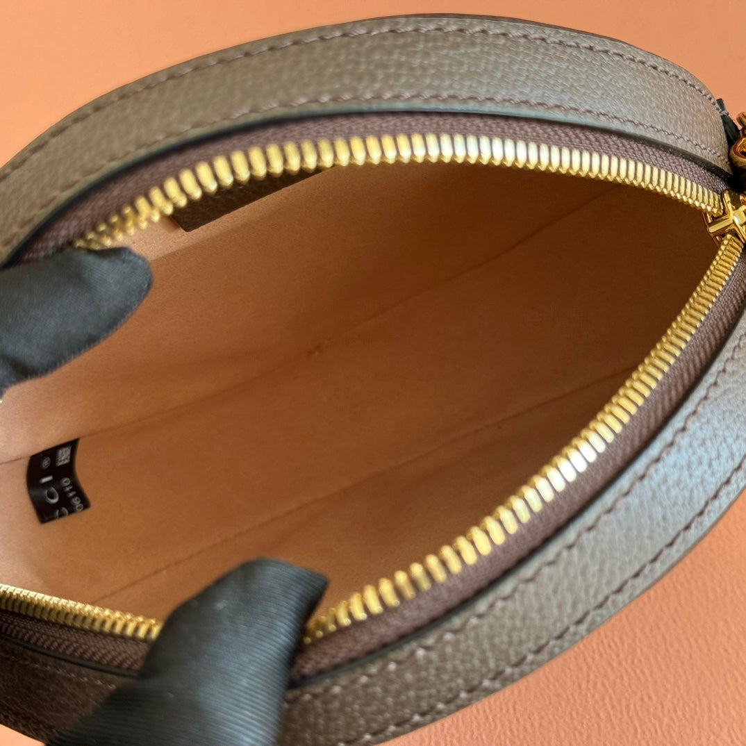 Gucci Ophida GG Round Bag Taupe Beige Canvas Grain Leather