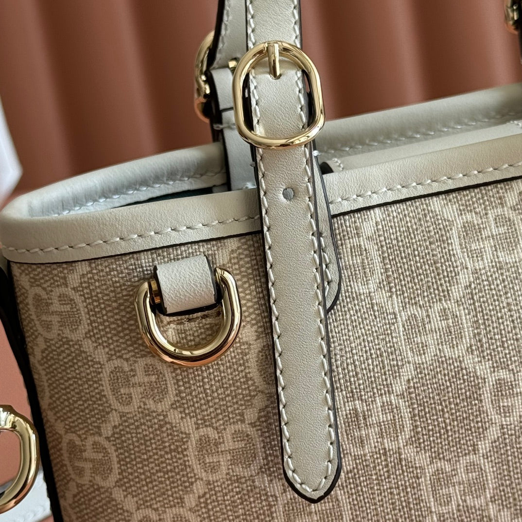 GG Emblem Mini Bag 17.5 Beige & White Fabric