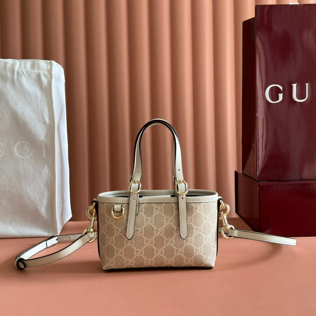 GG Emblem Mini Bag 17.5 Beige & White Fabric