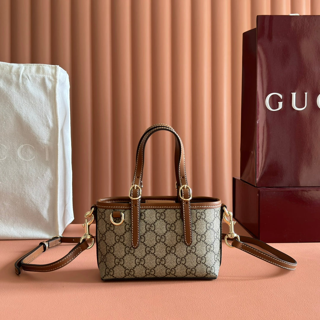 GG Emblem Mini Bag 17.5 Beige & Brown Fabric