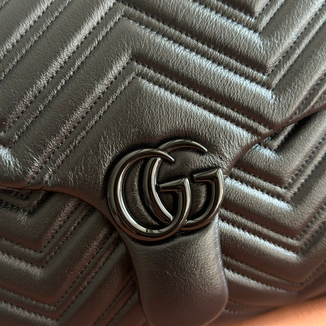 Gucci GG Marmont Large Shoulder Bag Black Matelassé Chevron Leather 273193