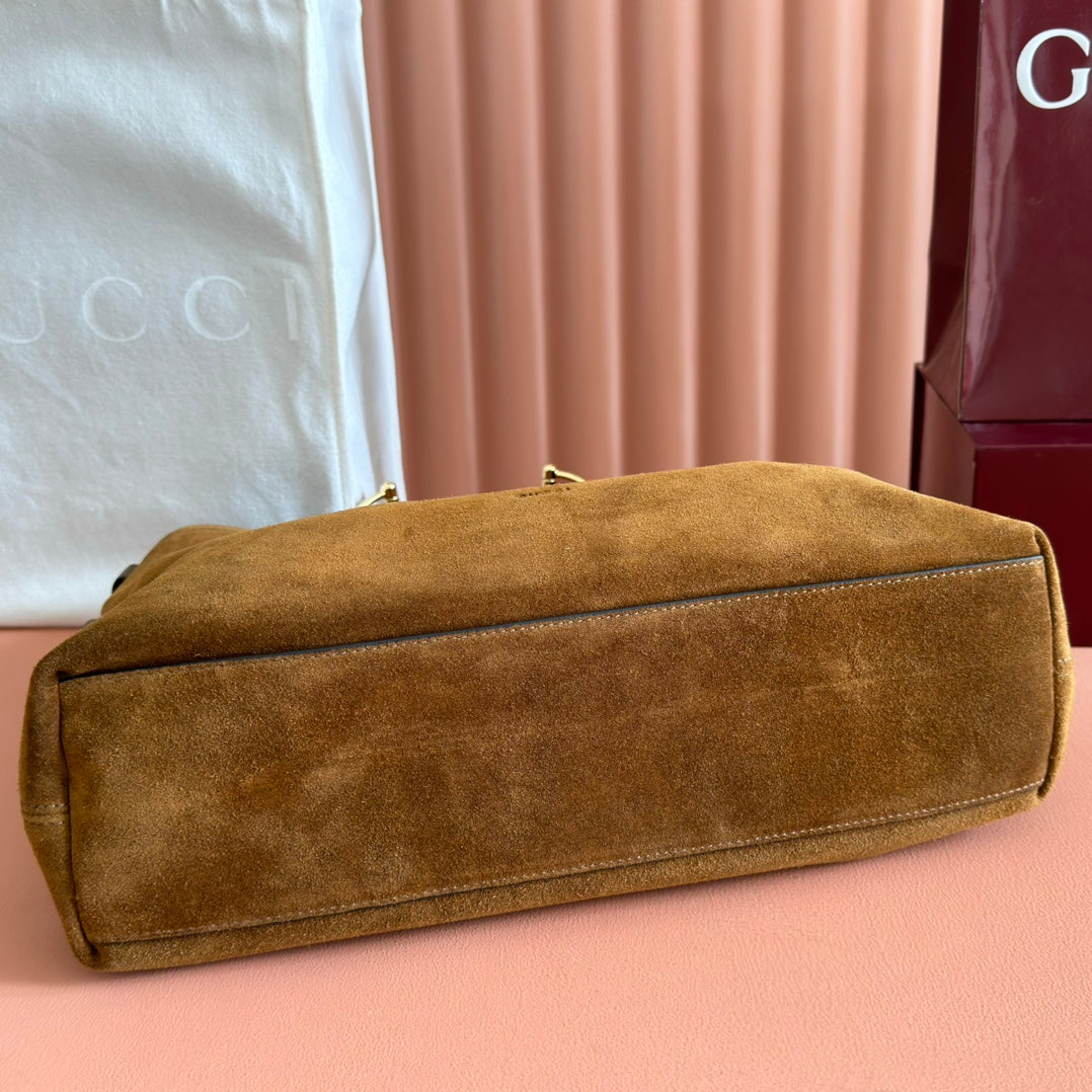 GG Beatrix Medium Tote Bag Brown Suede GHW