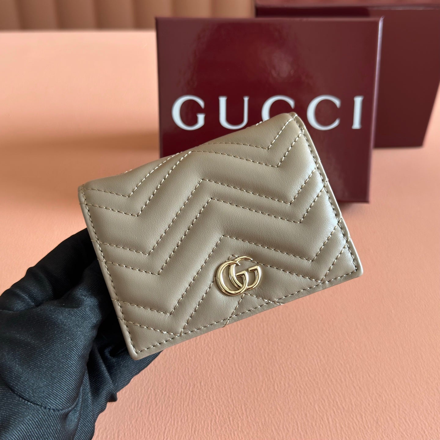 GG Marmont Quilted Card Holder Taupe Matelassé Leather