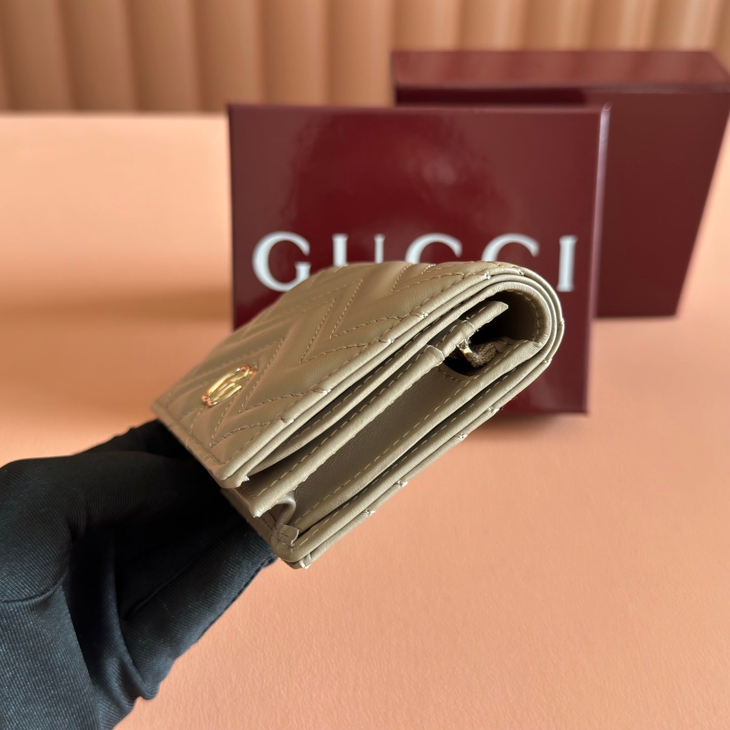 GG Marmont Quilted Card Holder Taupe Matelassé Leather