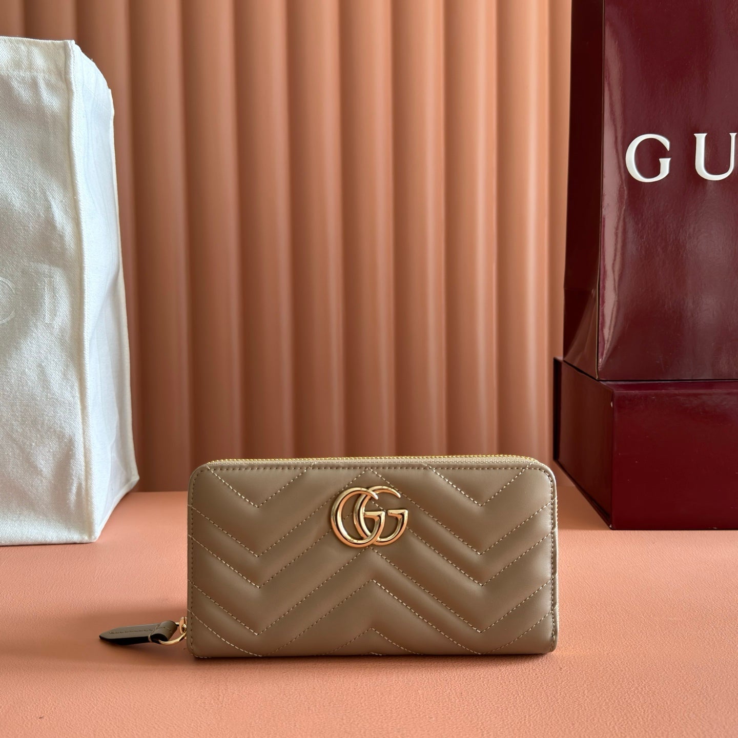 GG Zip-Around Wallet Taupe Matelassé Leather