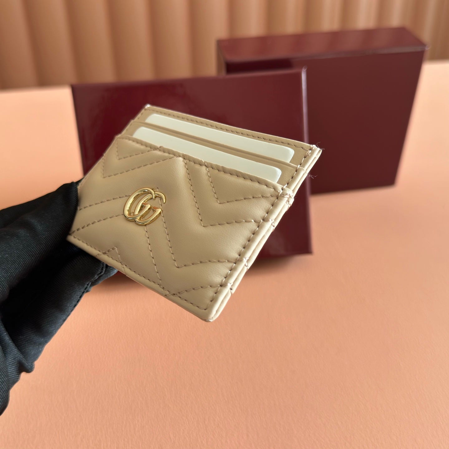 GG Marmont Card Holder Light Beige Matelassé Leather