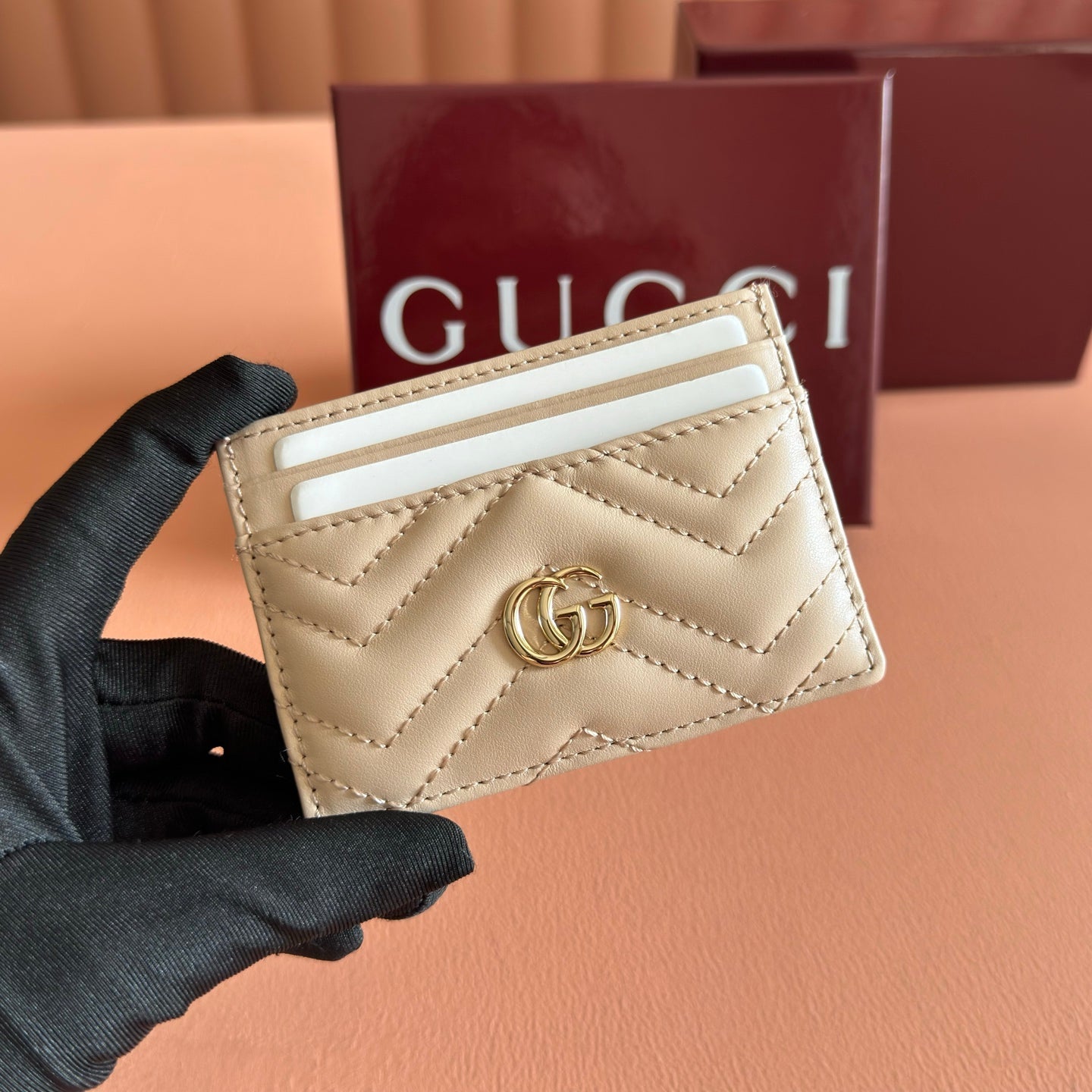 GG Marmont Card Holder Light Beige Matelassé Leather