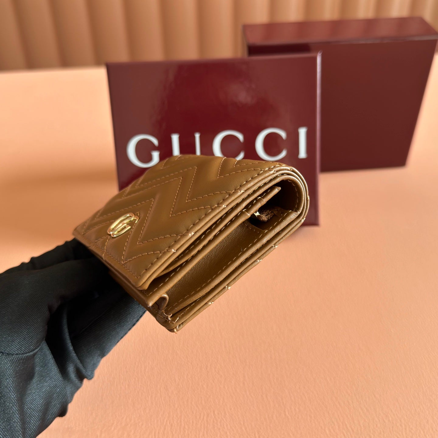 GG Marmont Quilted Card Holder Brown Matelassé Leather