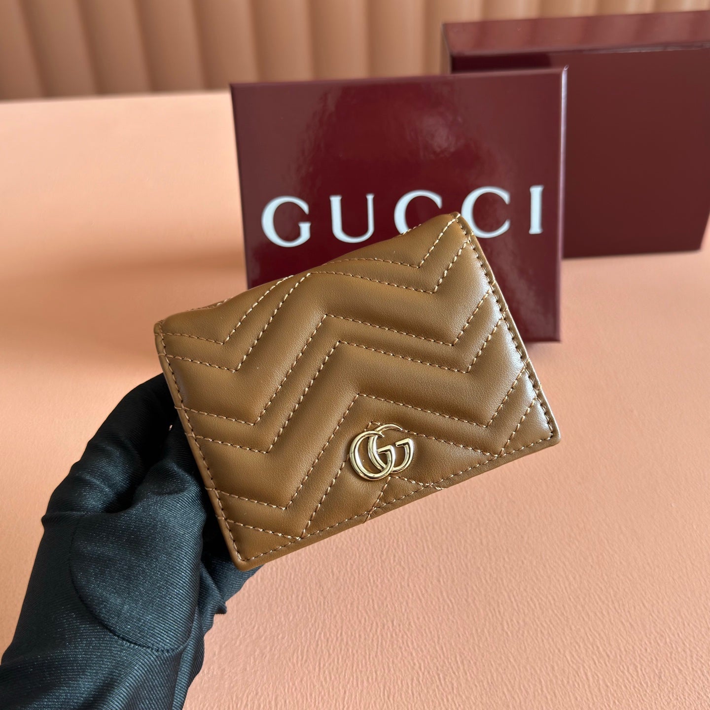 GG Marmont Quilted Card Holder Brown Matelassé Leather