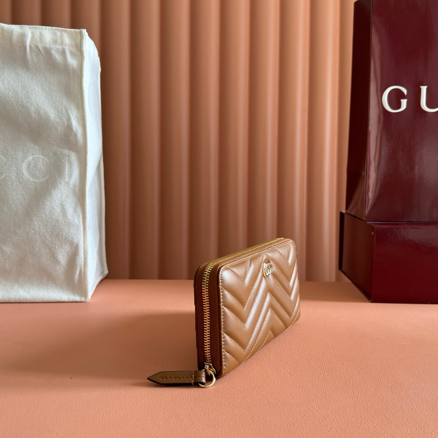 GG Marmont Zip-Around Wallet Brown Matelassé Leather