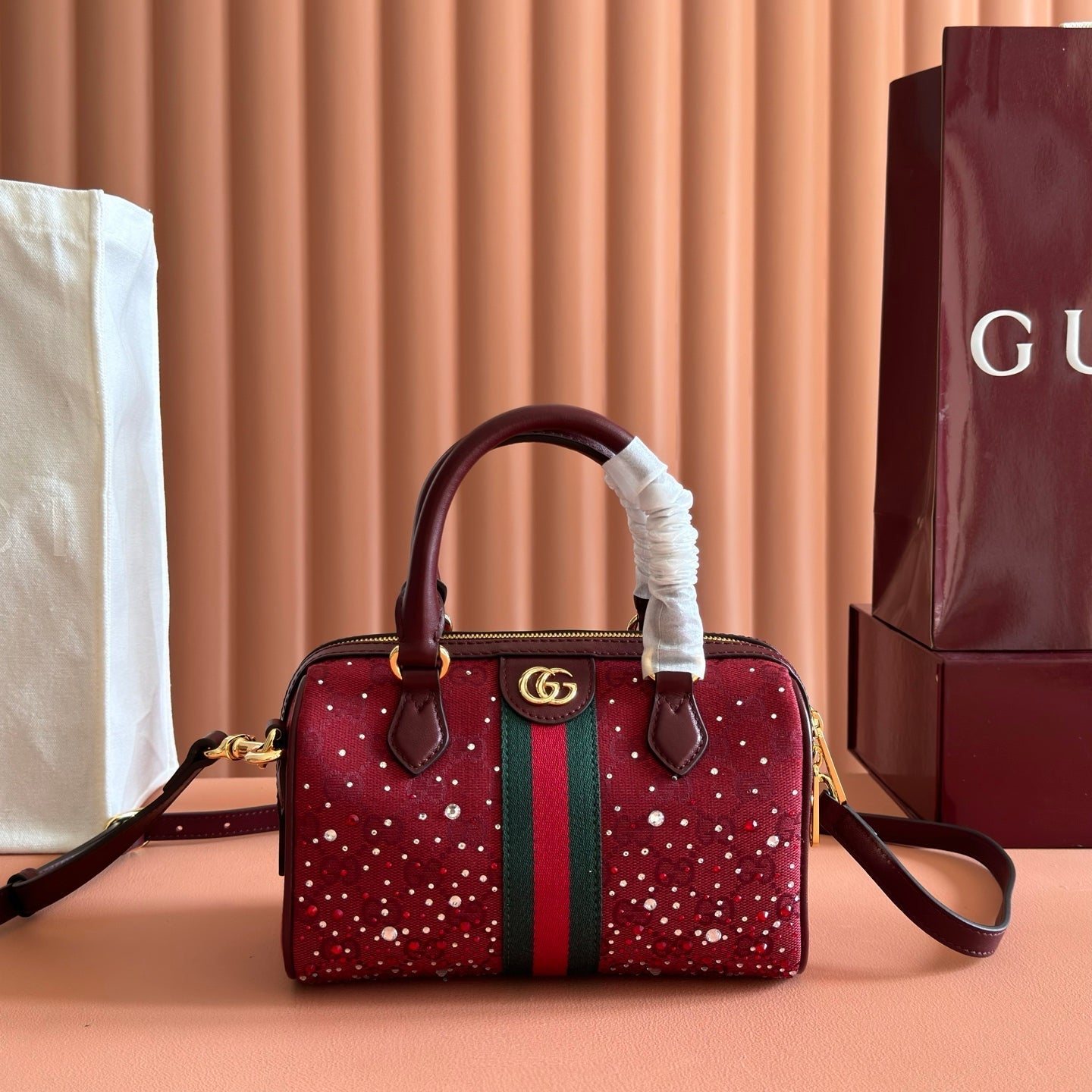 GG Ophidia Crystals Small Boston Bag 21cm Burgundy Canvas