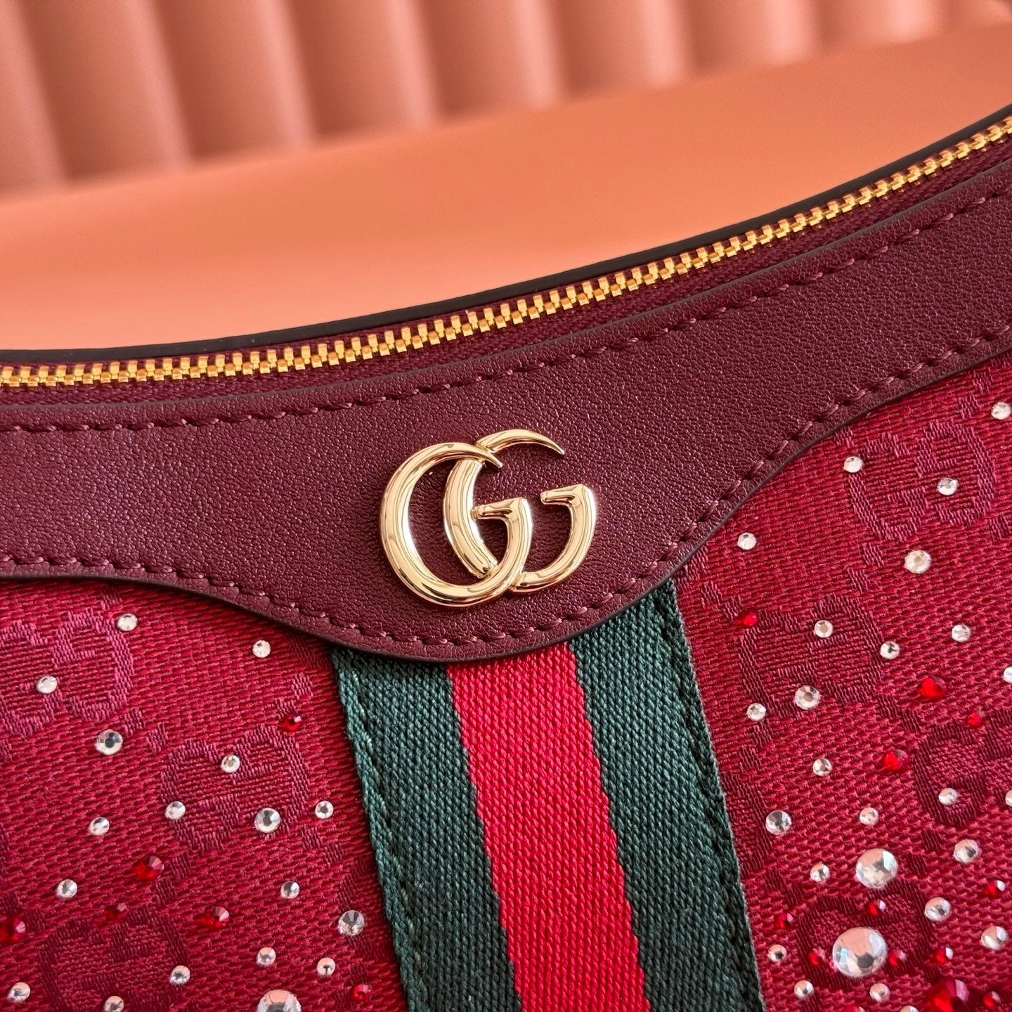GG Ophidia Crystals Small Shoulder Bag 26cm Burgundy Canvas