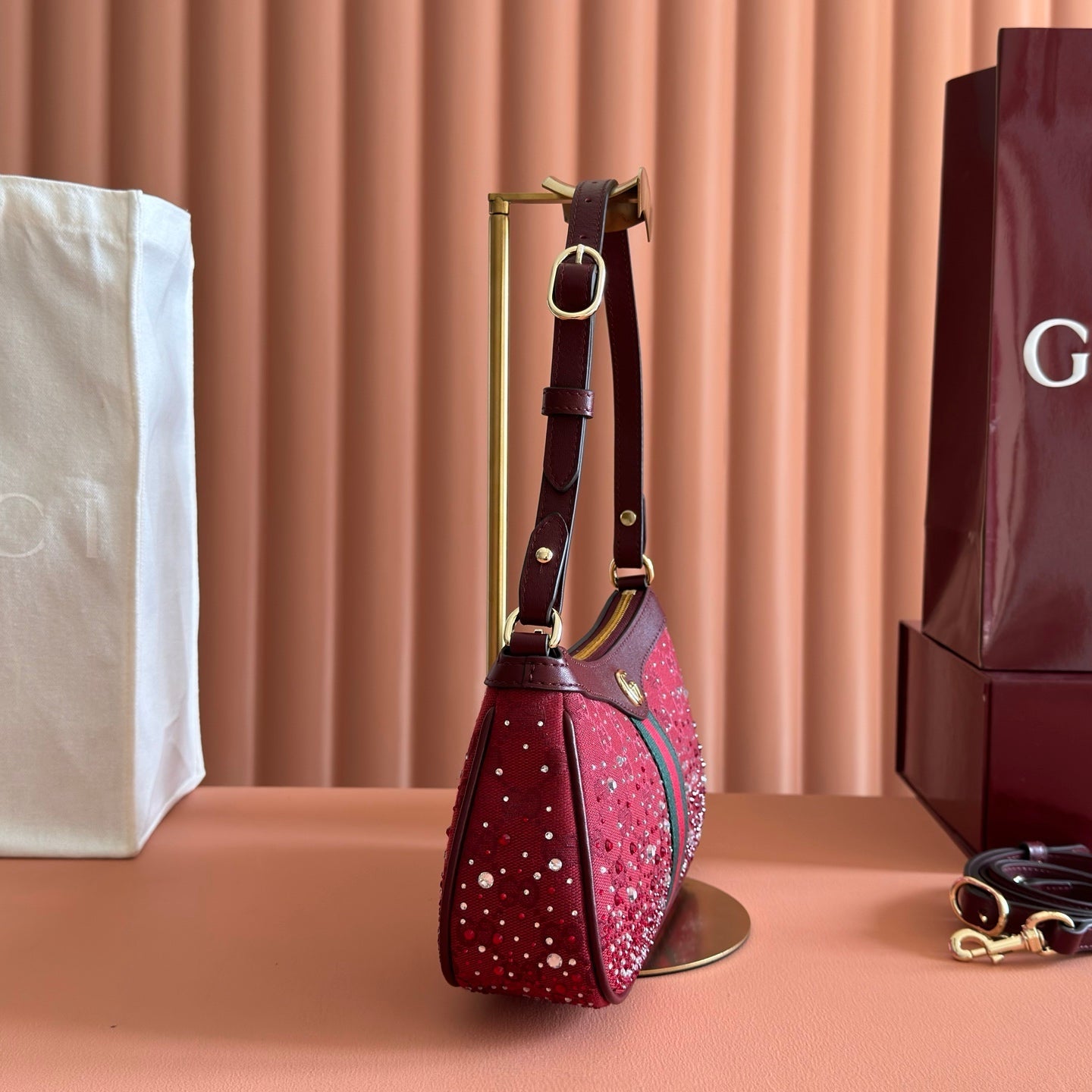 GG Ophidia Crystals Small Shoulder Bag 26cm Burgundy Canvas