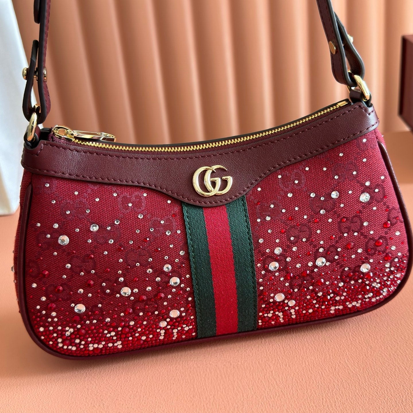 GG Ophidia Crystals Small Shoulder Bag 26cm Burgundy Canvas